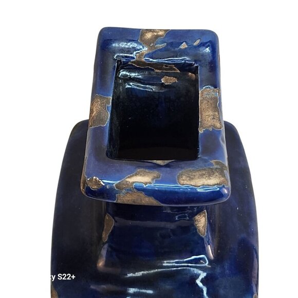Blue & Black Rectangular Ceramic Vase With Decorative Scroll Design - Picture 3 of 7